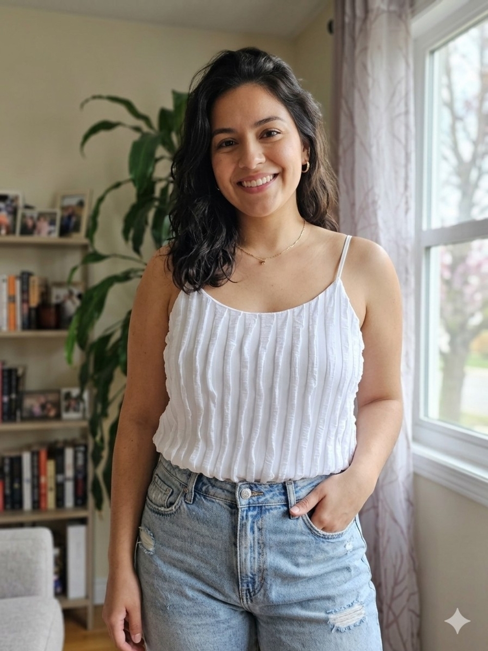 ​Poetry White Ruffled Textured Camisole Tank Top Size Large